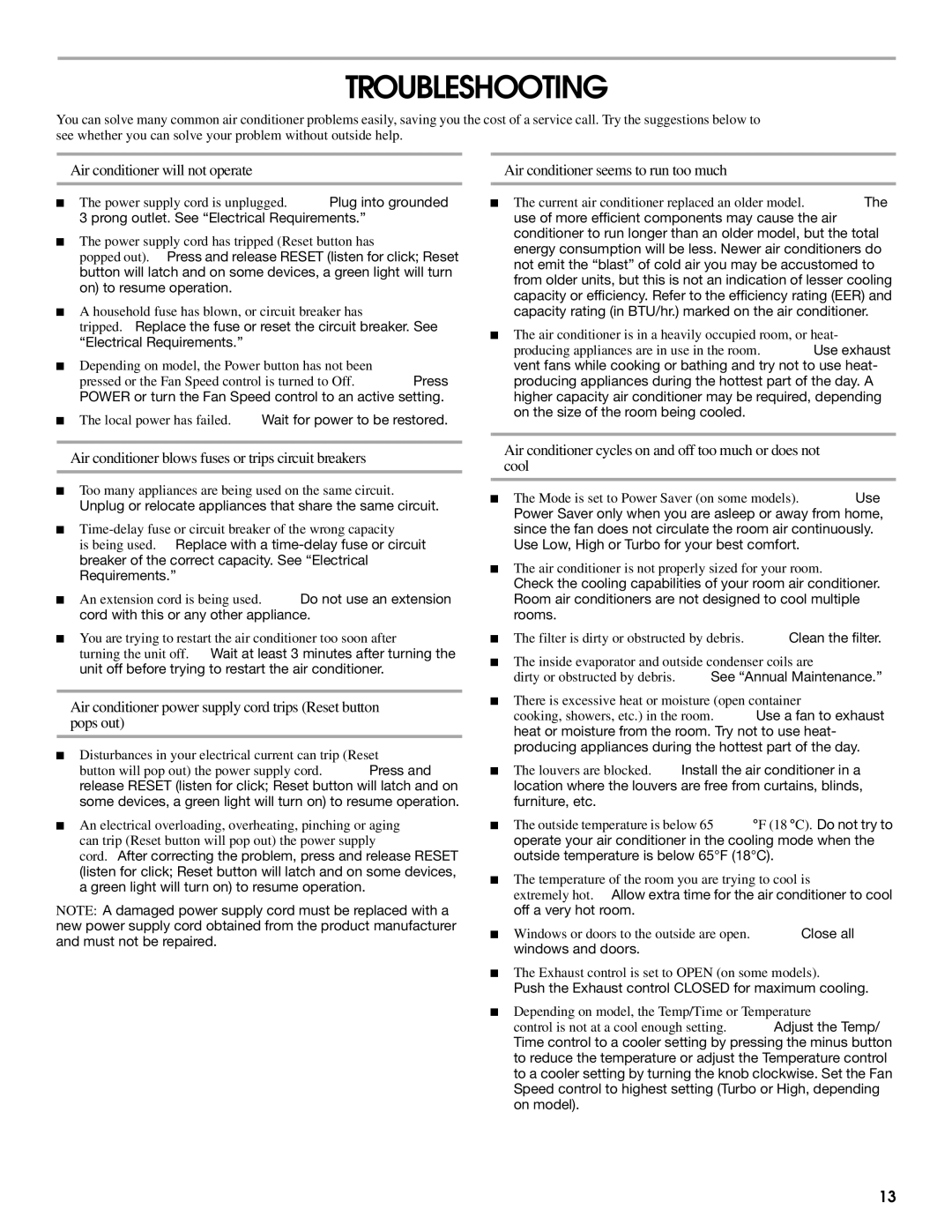 Whirlpool ACM052PS0 manual Troubleshooting, Air conditioner blows fuses or trips circuit breakers 