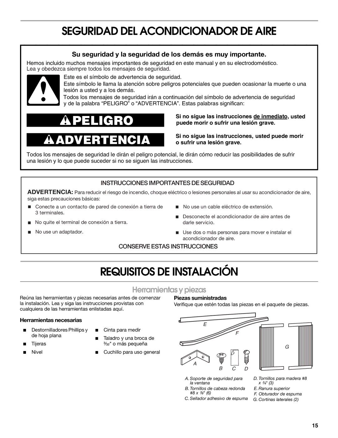 Whirlpool ACM052PS0 manual Seguridad DEL Acondicionador DE Aire, Requisitos DE Instalación, Herramientas y piezas 