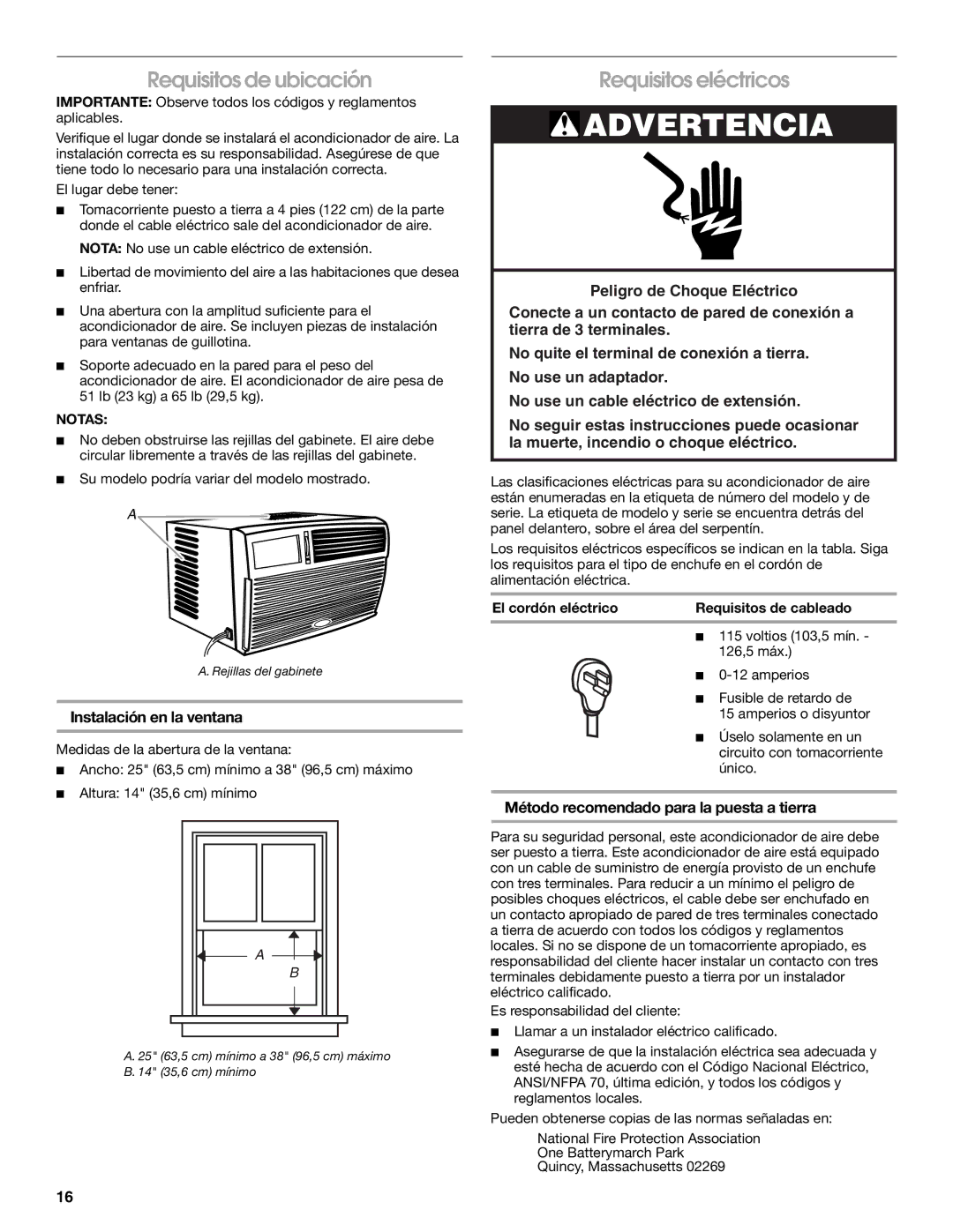 Whirlpool ACM052PS0 manual Requisitos de ubicación, Requisitos eléctricos, Instalación en la ventana 