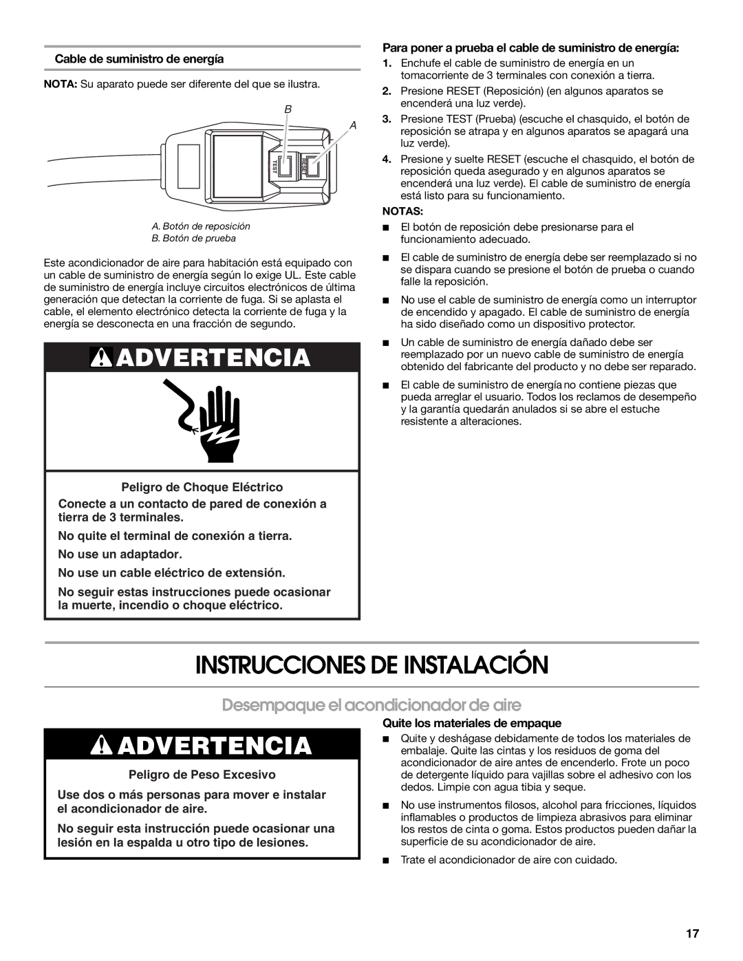 Whirlpool ACM052PS0 Instrucciones DE Instalación, Desempaque el acondicionador de aire, Cable de suministro de energía 