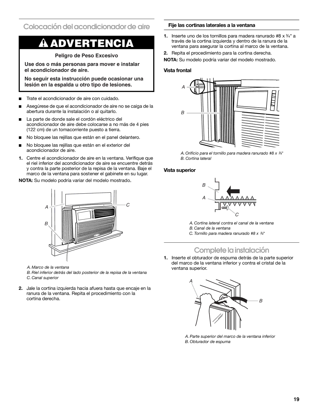 Whirlpool ACM052PS0 manual Colocación del acondicionador de aire, Complete la instalación, Vista frontal 