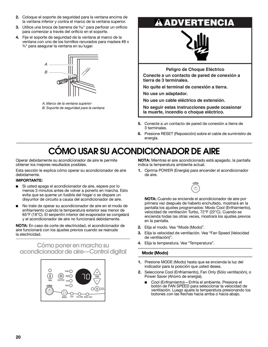 Whirlpool ACM052PS0 manual Cómo Usar SU Acondicionador DE Aire, Mode Modo 