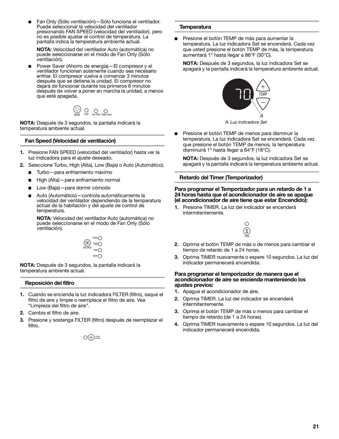 Whirlpool ACM052PS0 Temperatura, Fan Speed Velocidad de ventilación, Reposición del filtro, Retardo del Timer Temporizador 