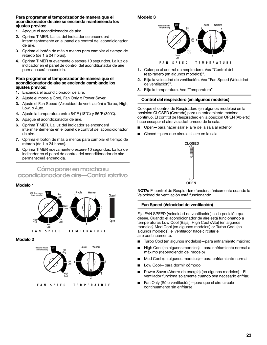 Whirlpool ACM052PS0 manual Modelo, Control del respiradero en algunos modelos 