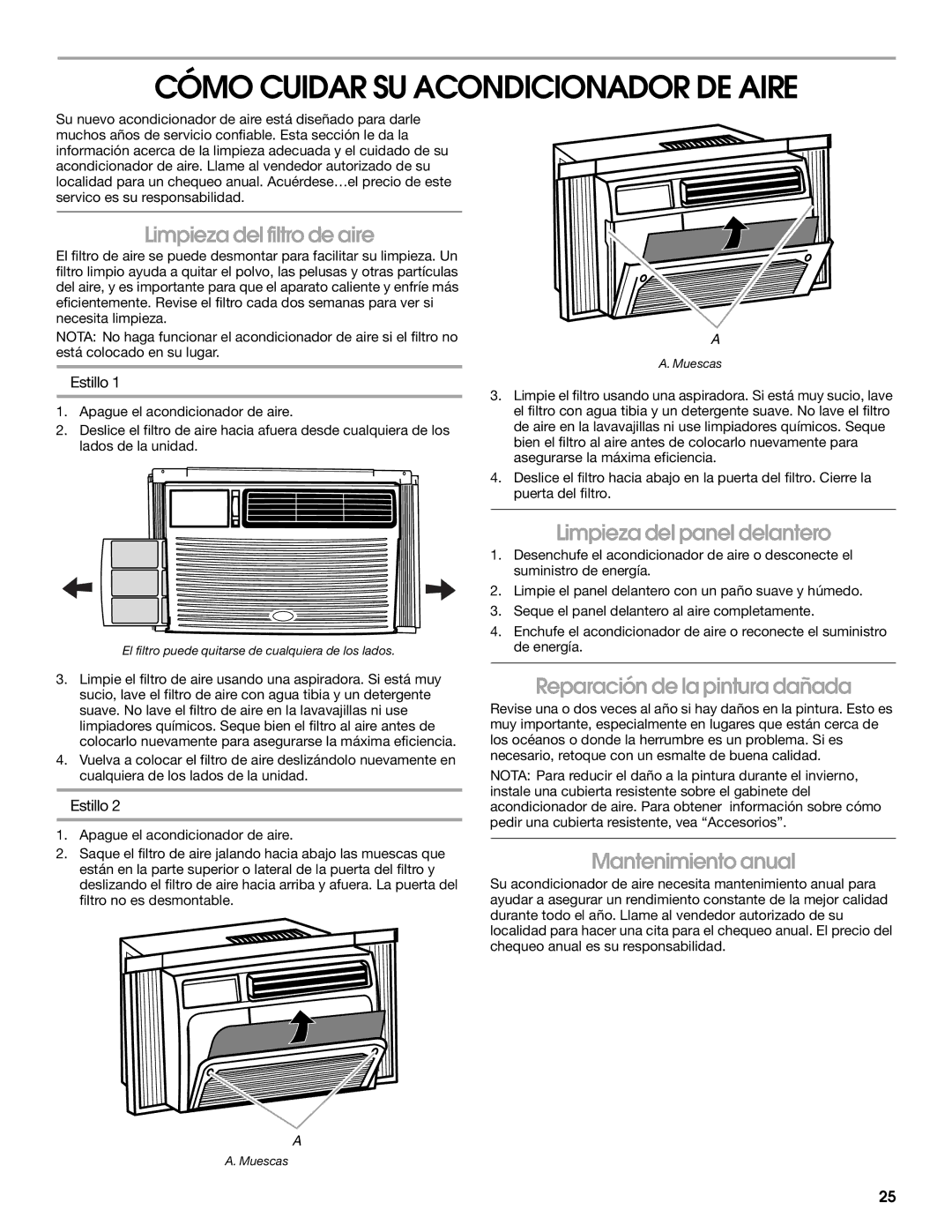 Whirlpool ACM052PS0 manual Cómo Cuidar SU Acondicionador DE Aire, Limpieza del filtro de aire, Limpieza del panel delantero 