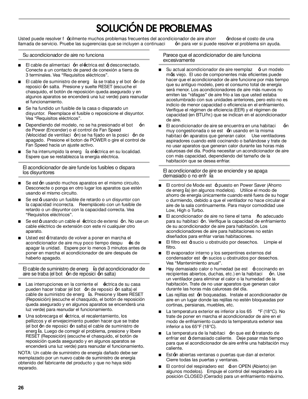 Whirlpool ACM052PS0 manual Solución DE Problemas, Su acondicionador de aire no funciona 