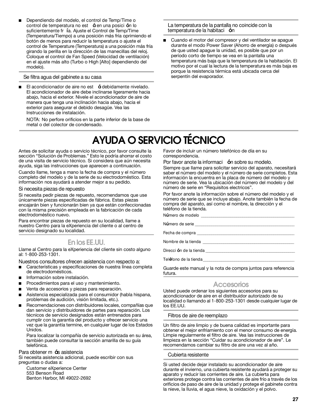 Whirlpool ACM052PS0 manual Ayuda O Servicio Técnico, En los EE.UU, Accesorios 