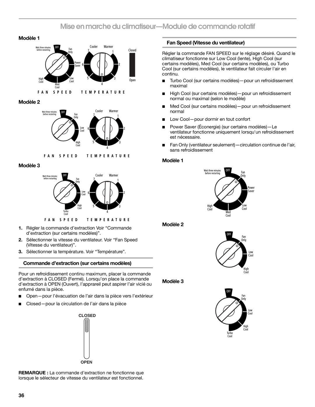 Whirlpool ACM052PS0 manual Mise en marche du climatiseur-Module de commande rotatif, Modèle 