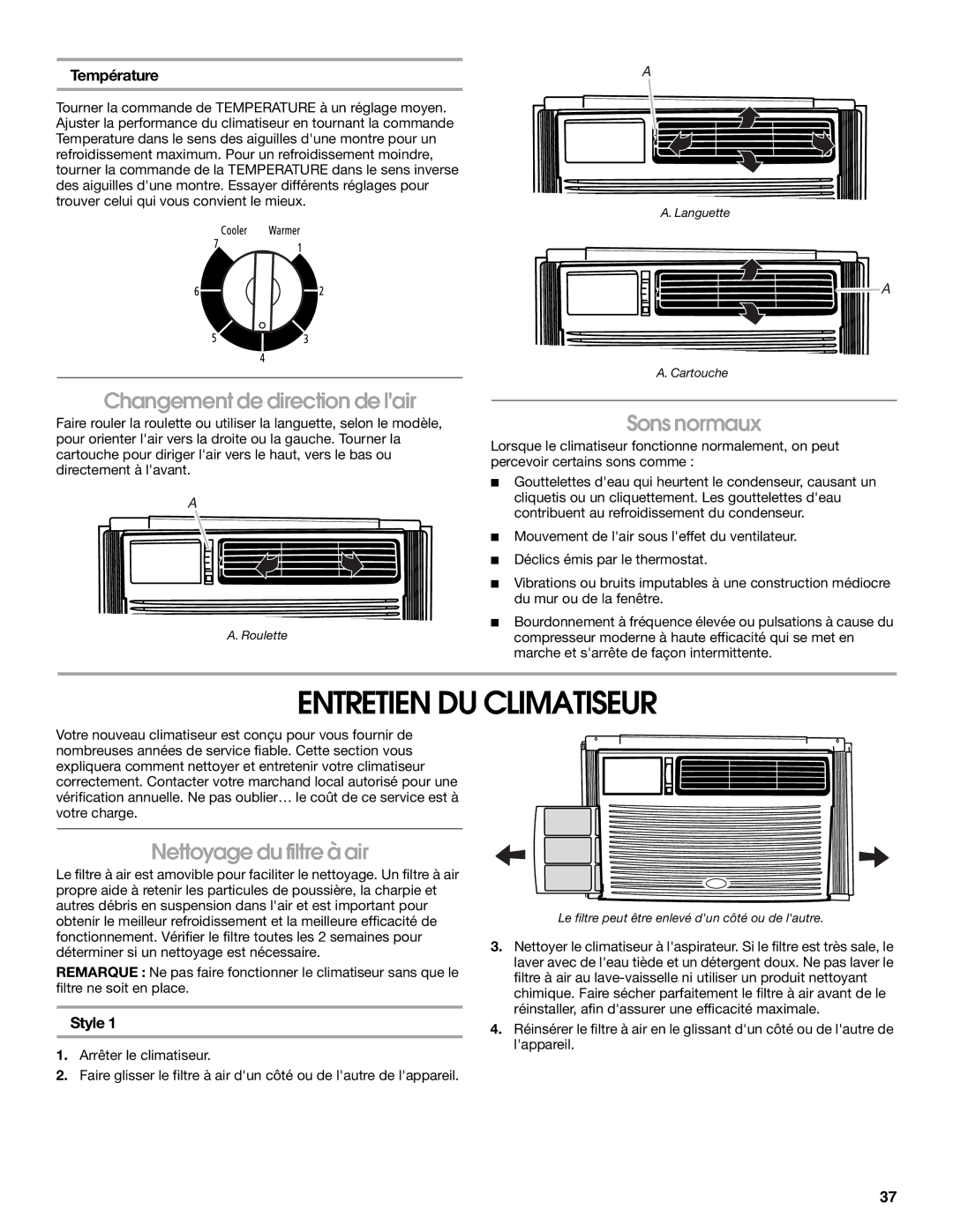 Whirlpool ACM052PS0 Entretien DU Climatiseur, Changement de direction de lair, Sons normaux, Nettoyage du filtre à air 