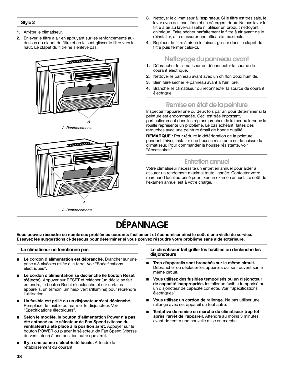 Whirlpool ACM052PS0 manual Dépannage, Nettoyage du panneau avant, Remise en état de la peinture, Entretien annuel 