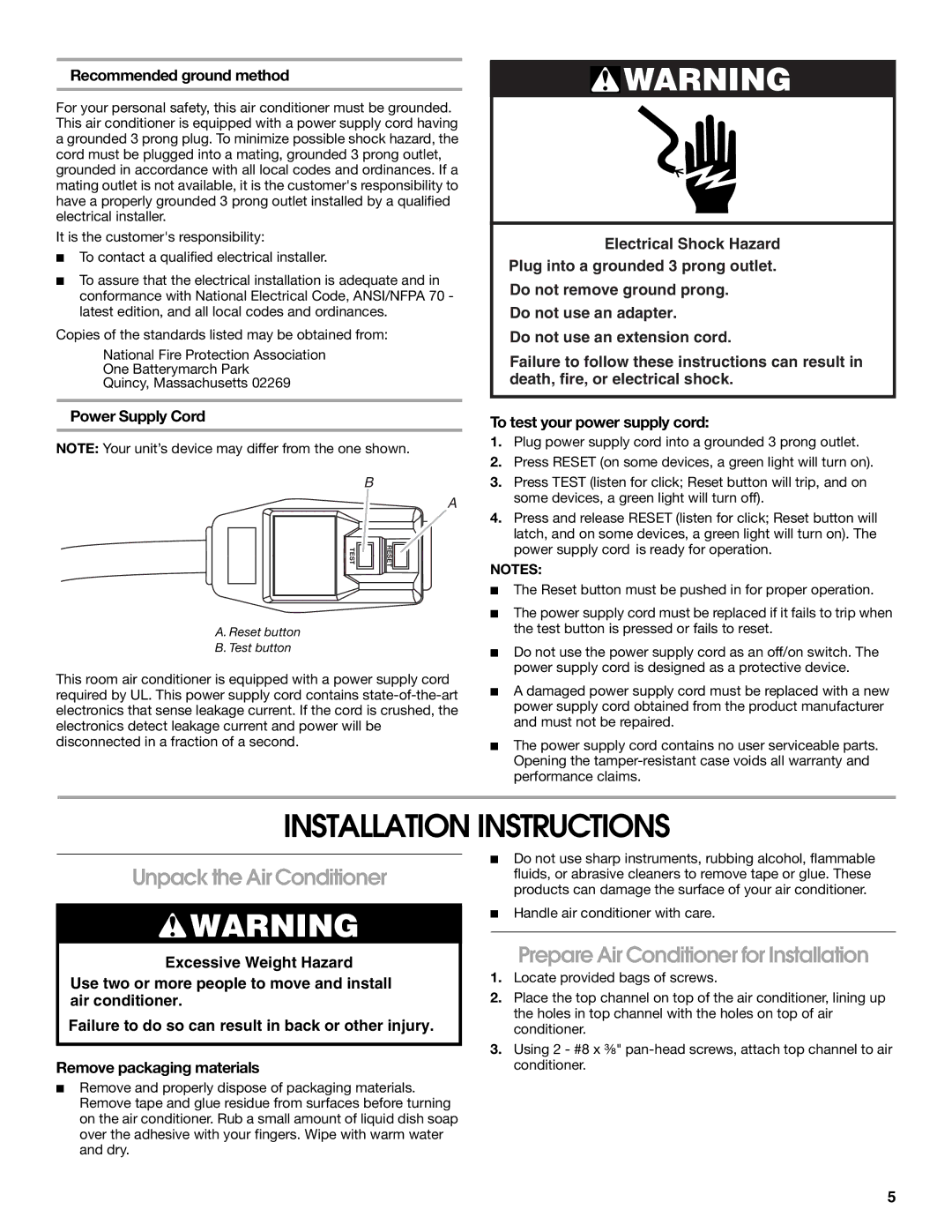 Whirlpool ACM052PS0 manual Installation Instructions, Unpack the Air Conditioner, Prepare Air Conditioner for Installation 