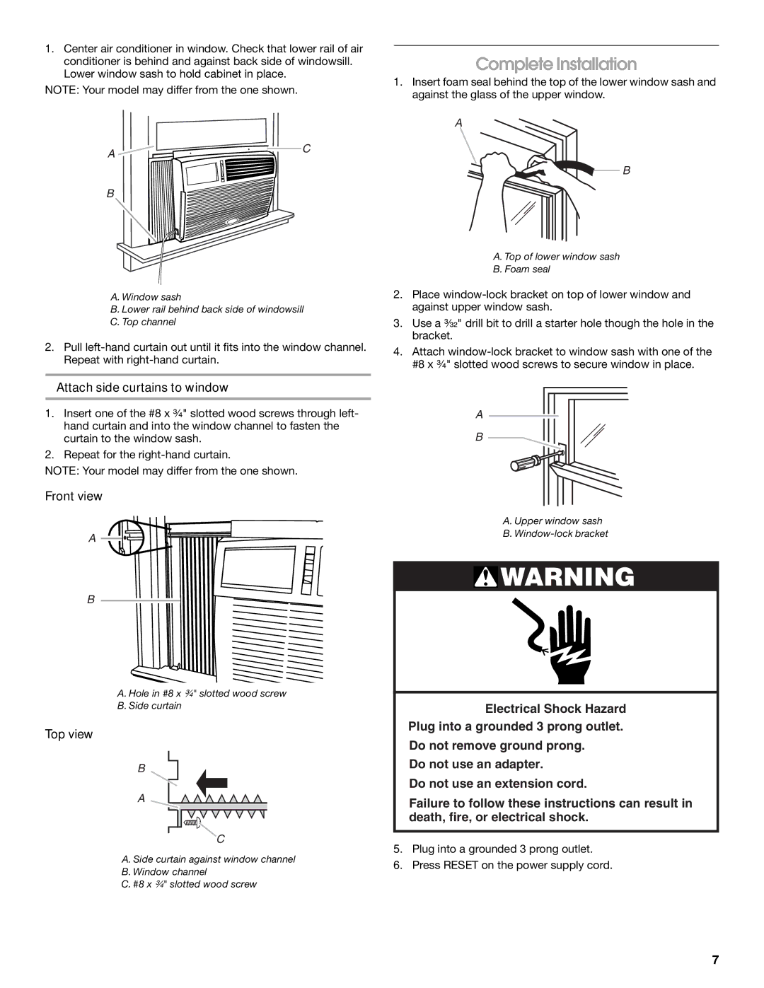 Whirlpool ACM052PS0 manual Complete Installation, Attach side curtains to window, Front view 