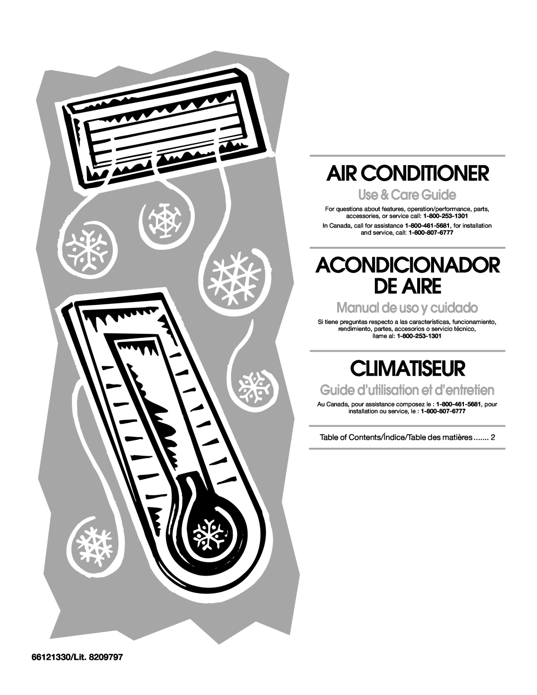Whirlpool ACM052PS0 manual 66121330/Lit, Air Conditioner, Acondicionador De Aire, Climatiseur, Use & Care Guide, llame al 
