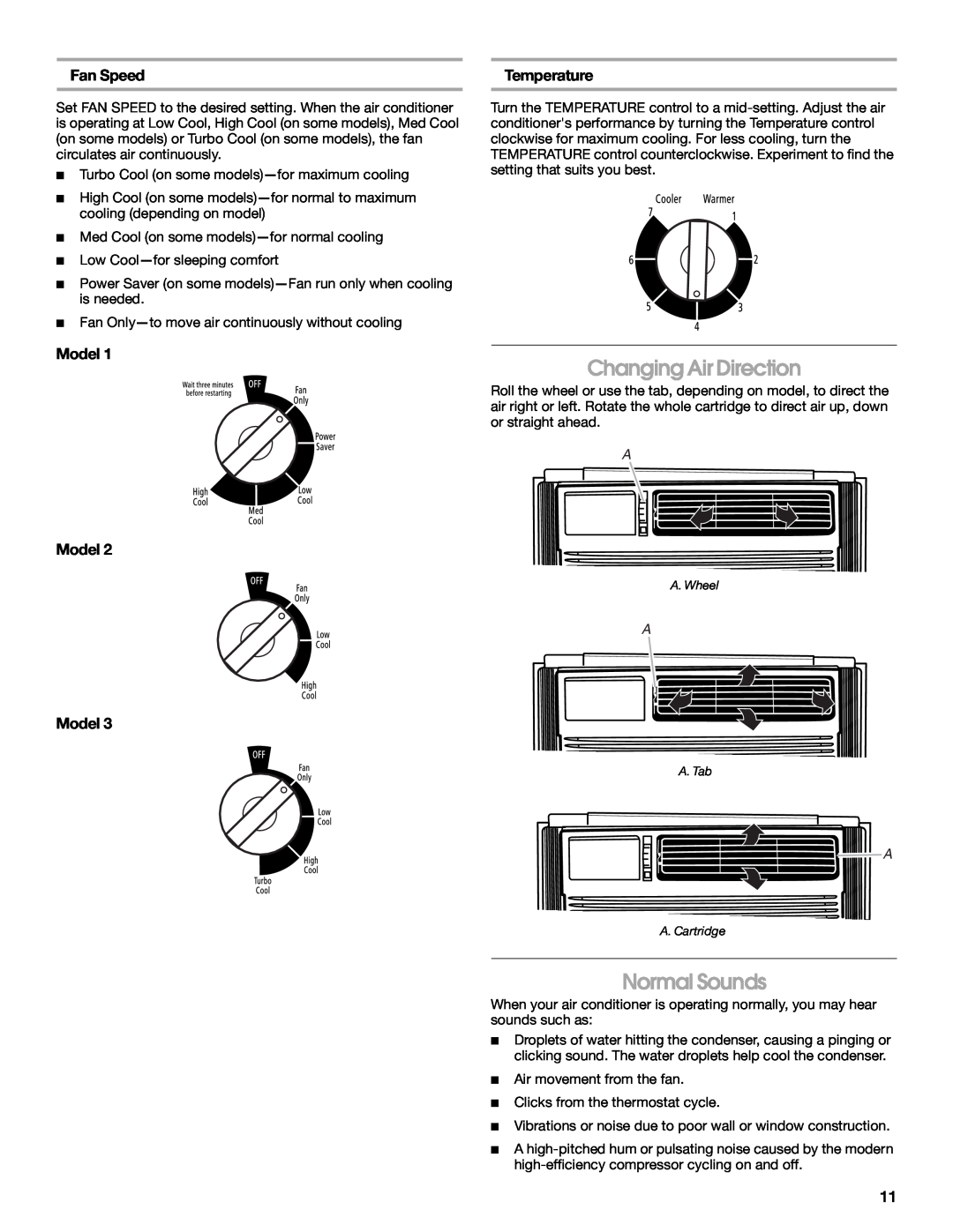 Whirlpool ACM052PS0 manual Changing Air Direction, Normal Sounds, Fan Speed, Model Model Model, Temperature 