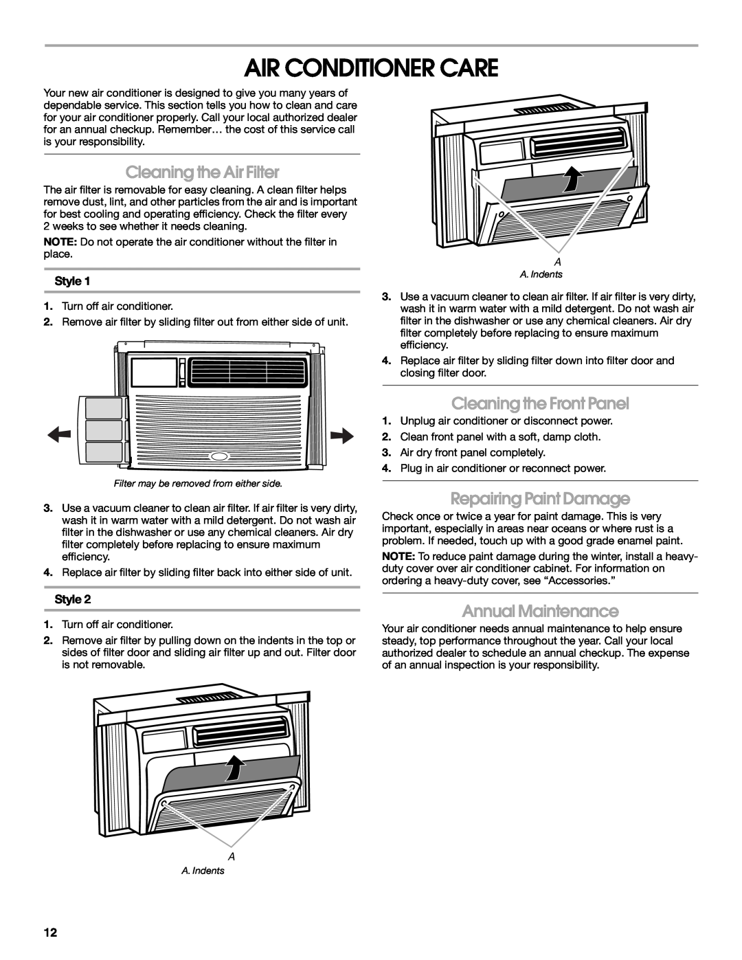 Whirlpool ACM052PS0 Air Conditioner Care, Cleaning the Air Filter, Cleaning the Front Panel, Repairing Paint Damage, Style 