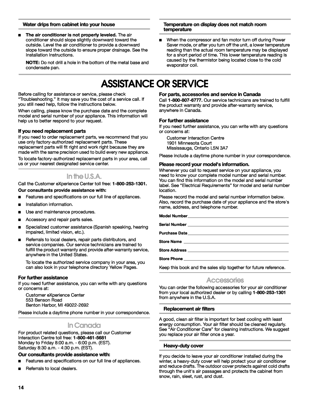 Whirlpool ACM052PS0 Assistance Or Service, In the U.S.A, In Canada, Accessories, Water drips from cabinet into your house 