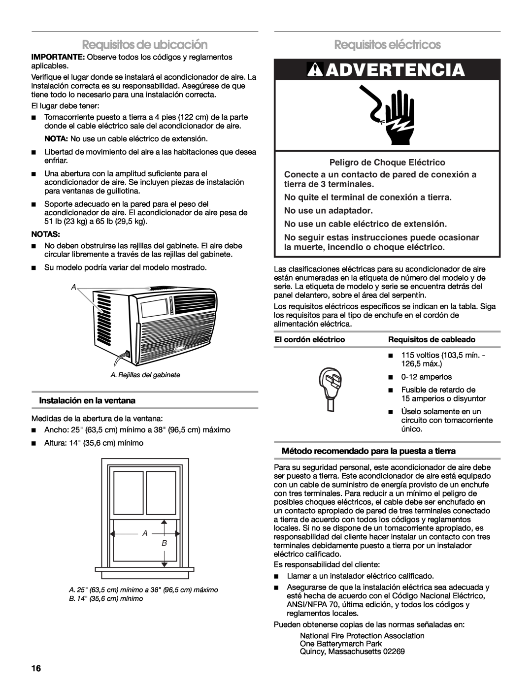 Whirlpool ACM052PS0 manual Advertencia, Requisitos de ubicación, Requisitos eléctricos, Instalación en la ventana 