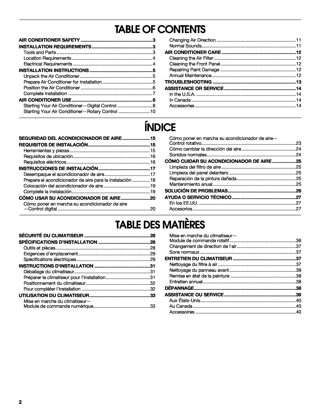Whirlpool ACM052PS0 manual Table Of Contents, Índice, Table Des Matières 