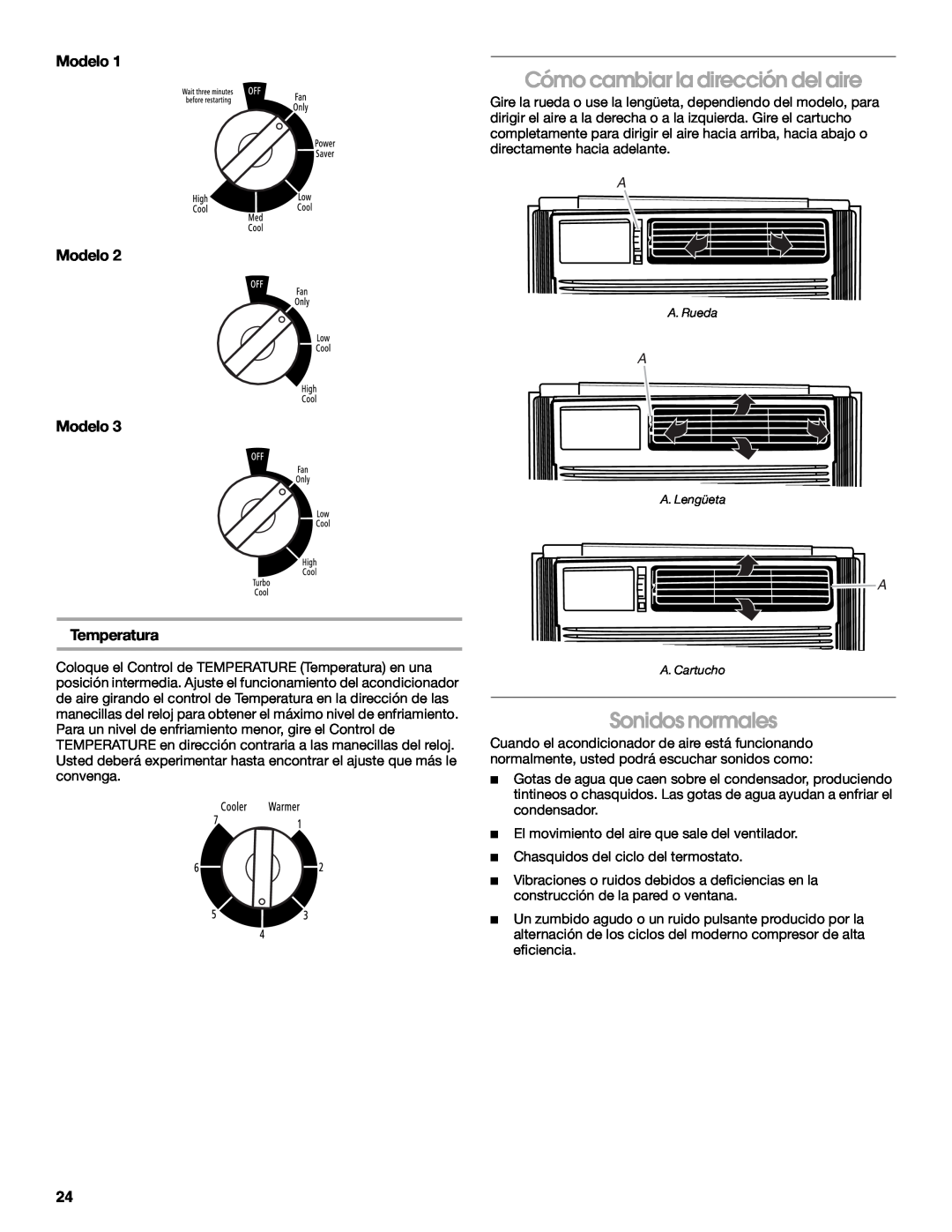 Whirlpool ACM052PS0 manual Cómo cambiar la dirección del aire, Sonidos normales, Modelo Temperatura 
