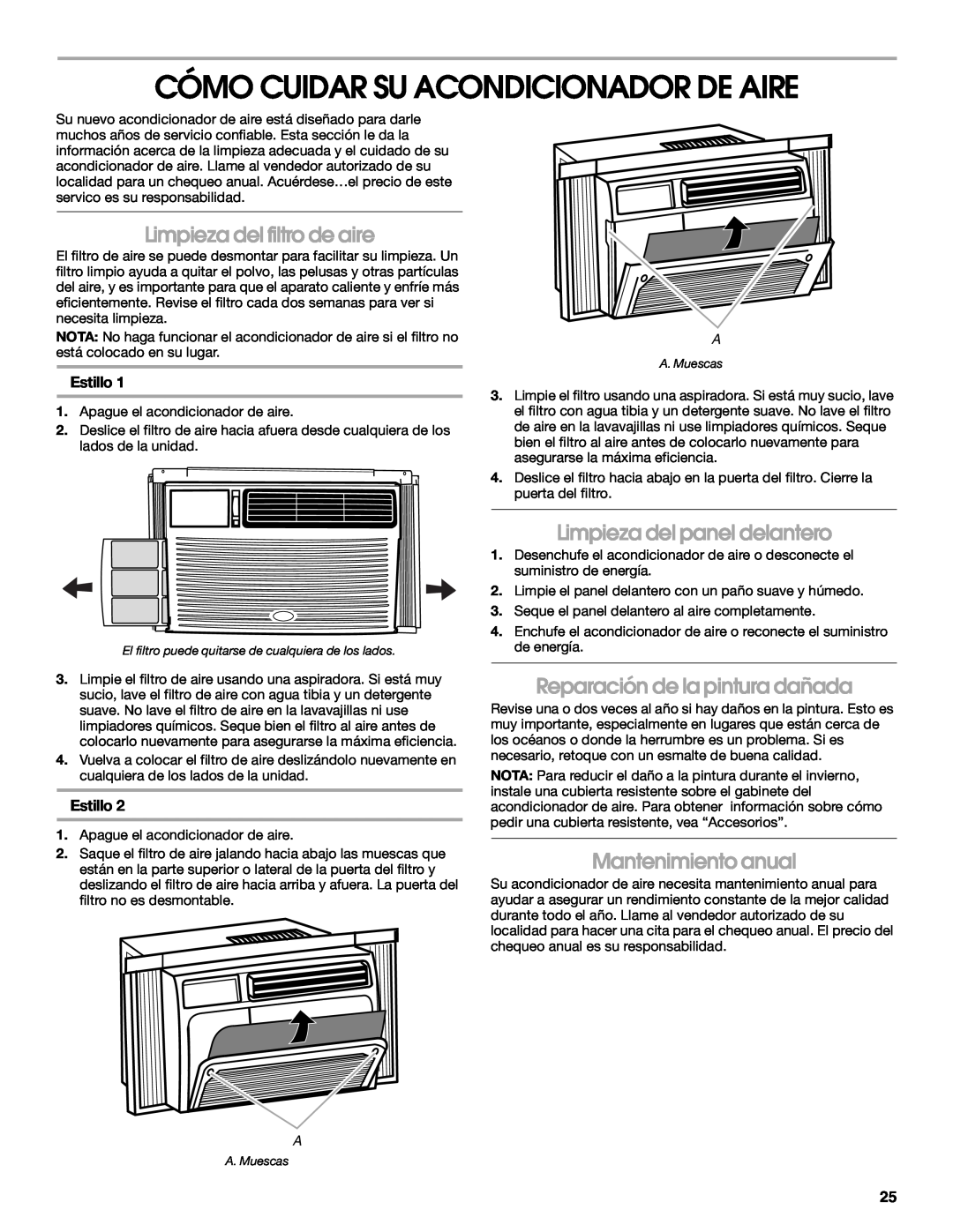 Whirlpool ACM052PS0 manual Cómo Cuidar Su Acondicionador De Aire, Limpieza del filtro de aire, Limpieza del panel delantero 