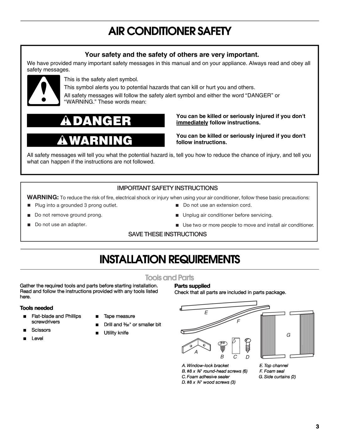 Whirlpool ACM052PS0 Air Conditioner Safety, Installation Requirements, Tools and Parts, Important Safety Instructions 