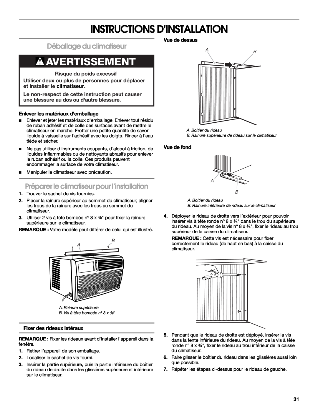 Whirlpool ACM052PS0 manual Instructions Dinstallation, Avertissement, Déballage du climatiseur, Risque du poids excessif 