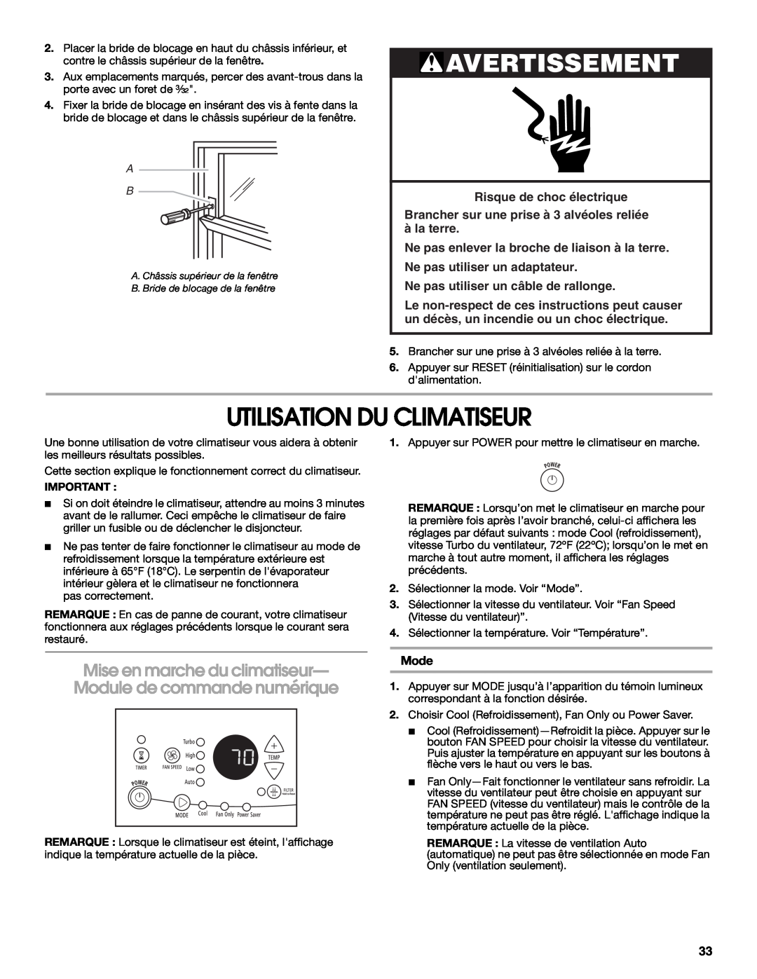 Whirlpool ACM052PS0 manual Utilisation Du Climatiseur, Avertissement, Risque de choc électrique, àla terre, Mode 