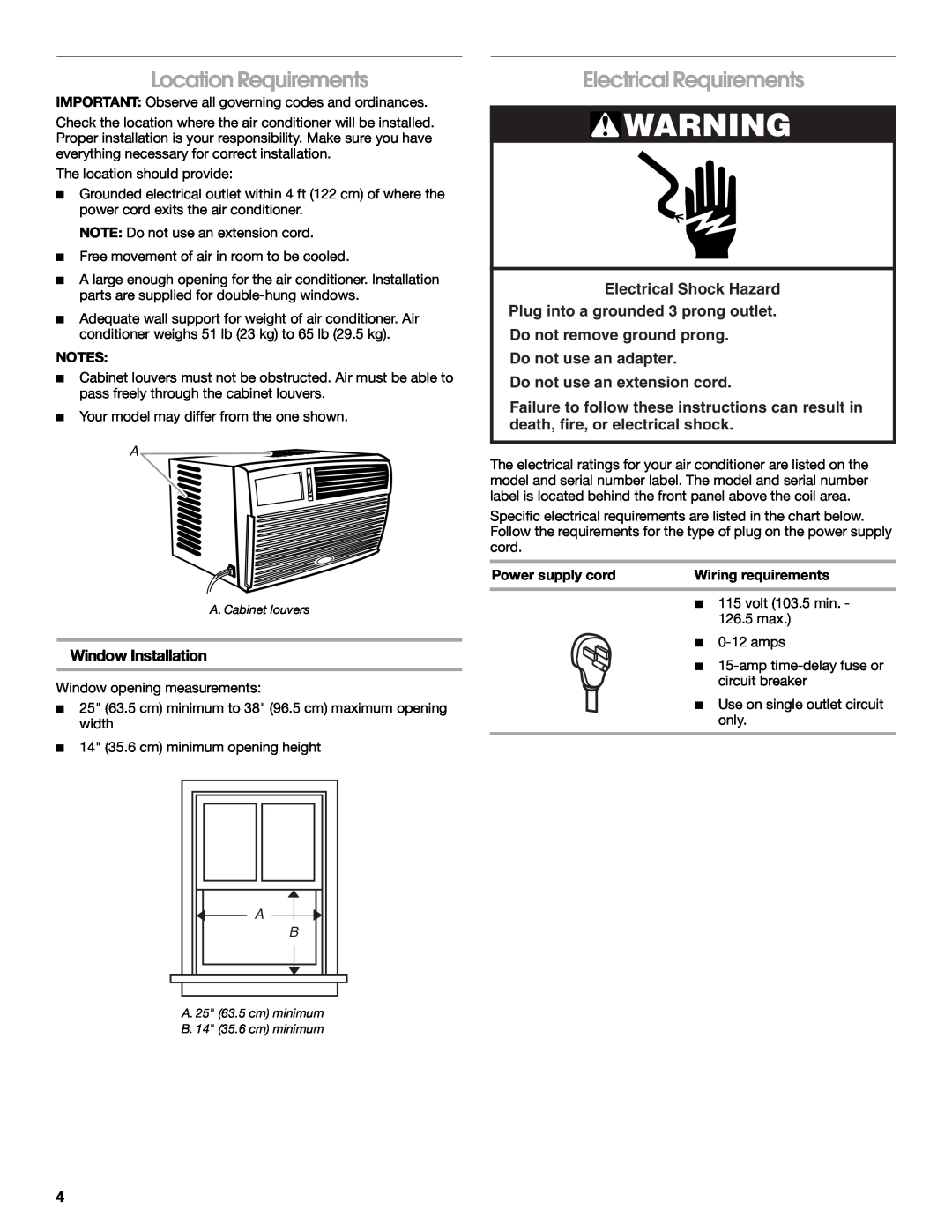 Whirlpool ACM052PS0 manual Location Requirements, Electrical Requirements, Window Installation, Electrical Shock Hazard 
