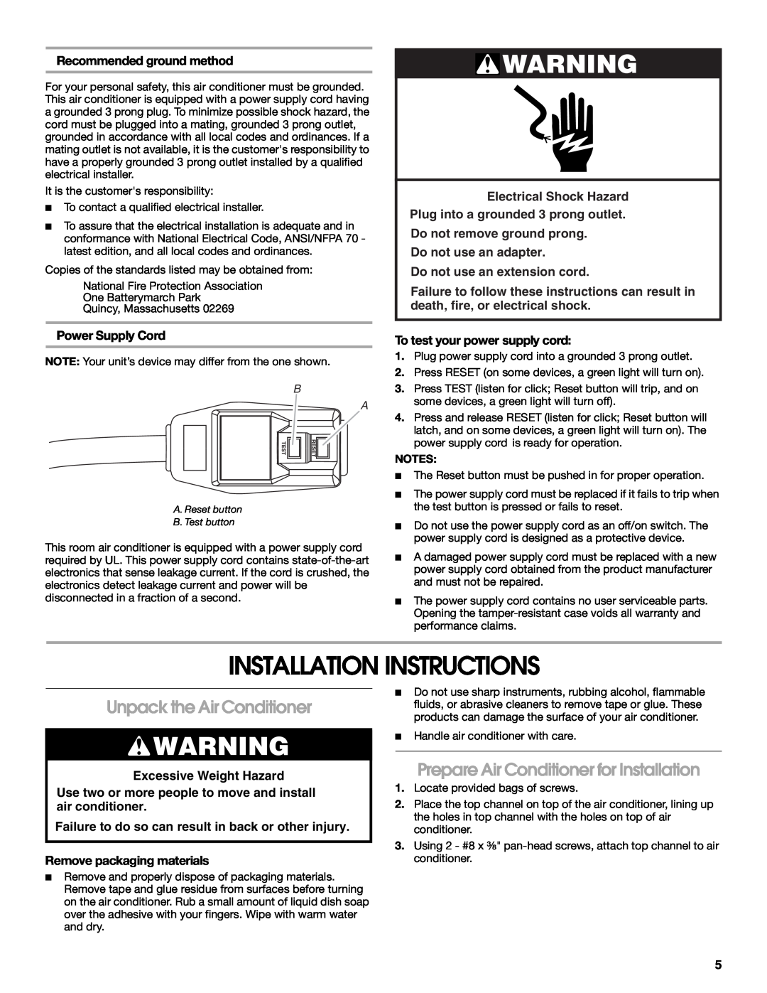 Whirlpool ACM052PS0 manual Installation Instructions, Unpack the Air Conditioner, Prepare Air Conditioner for Installation 