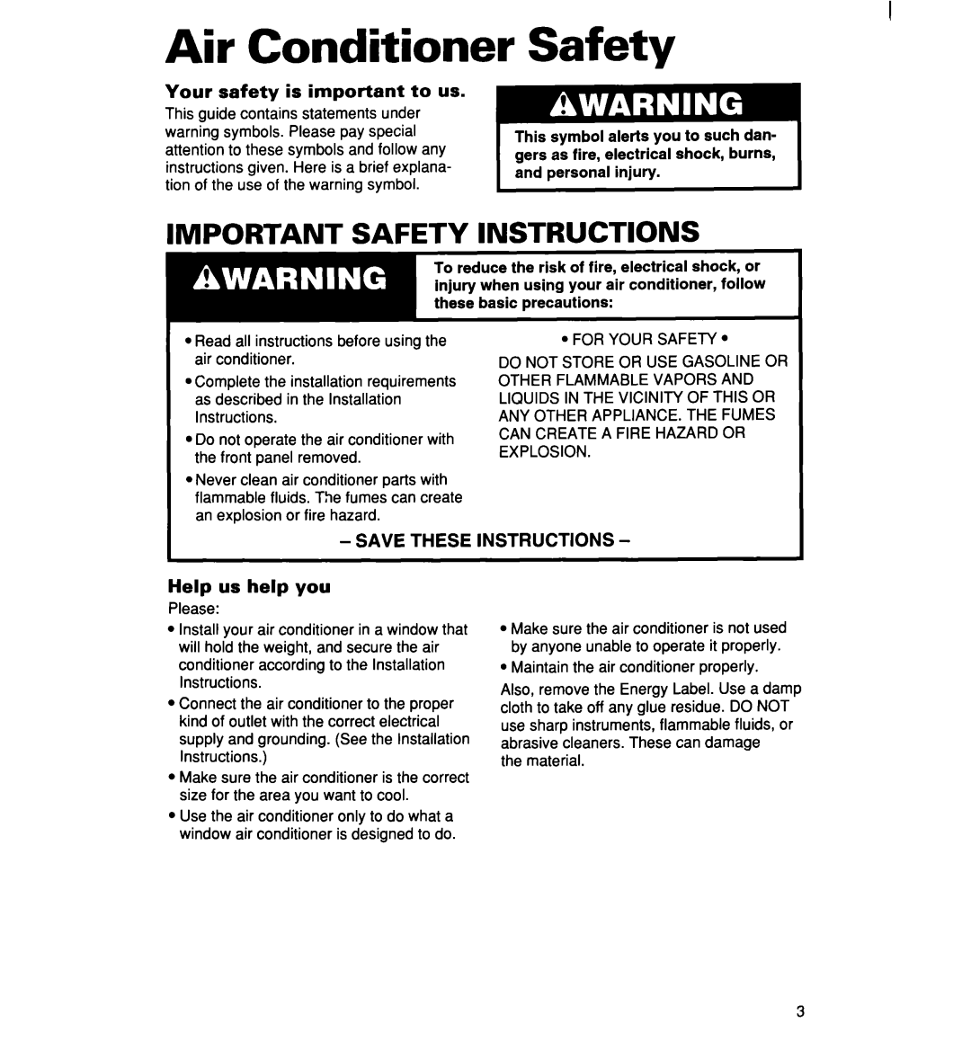 Whirlpool ACM062, ACM072 warranty Air Conditioner, Safety, Your safety is important to us, Help us help you 