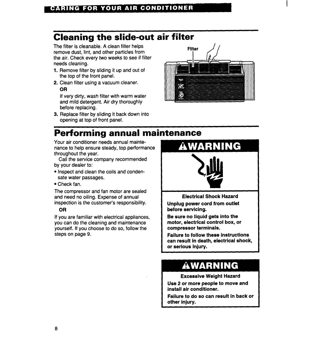 Whirlpool ACM072, ACM062 warranty Cleaning the slide-out air filter, Performing annual maintenance 