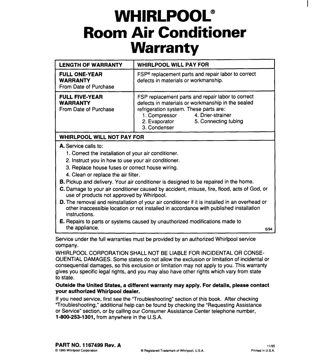 Whirlpool ACM072, ACM062 warranty Whirlpool”, Room Air Conditioner Warranty 