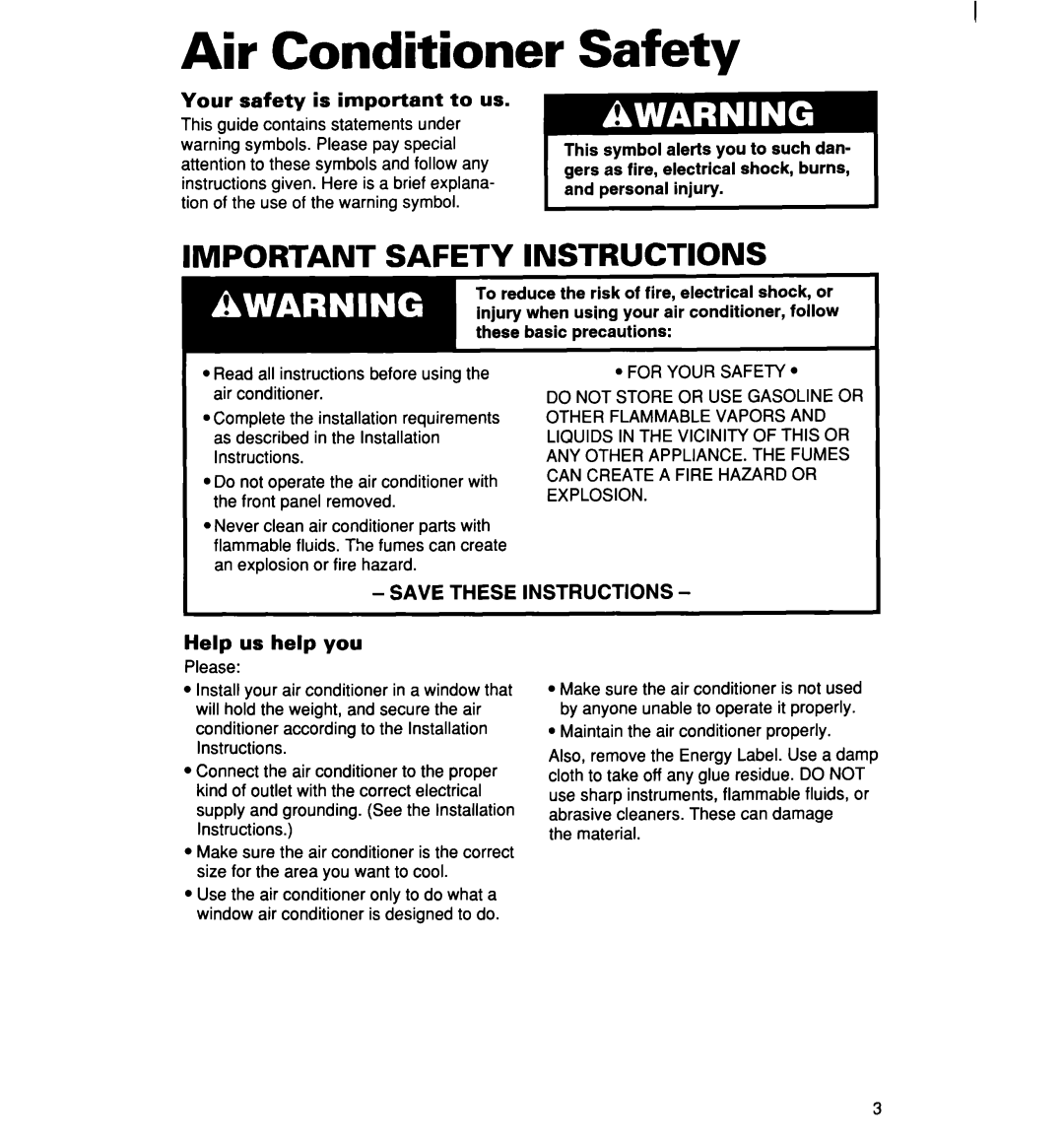 Whirlpool ACM062, ACM072 warranty Air Conditioner, Important Safety Instructions, Your safety is important to us 