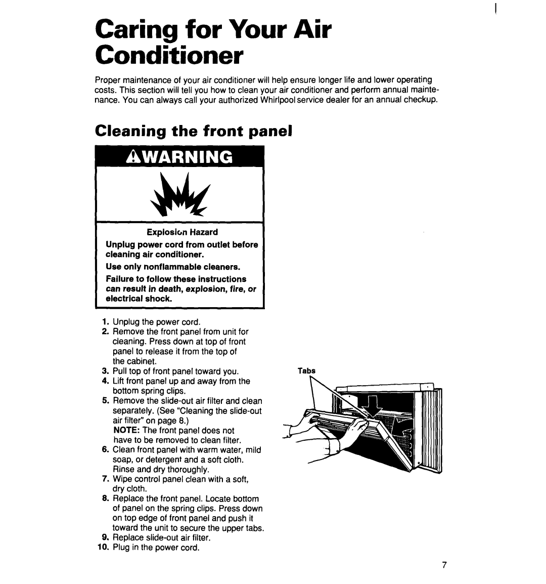 Whirlpool ACM062, ACM072 warranty Caring for Your Air Conditioner, Cleaning the front panel 