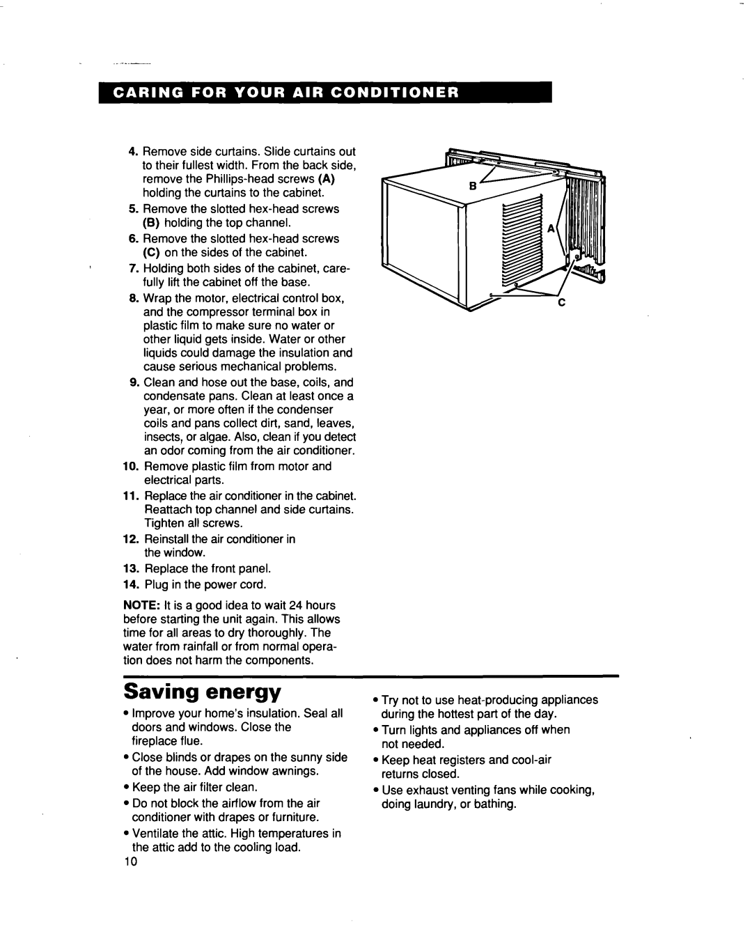 Whirlpool ACM122, ACM102 warranty Saving energy, Keep the air filter clean 