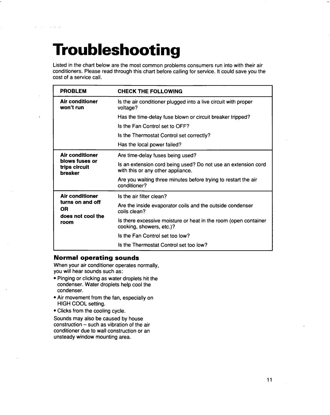 Whirlpool ACM102, ACM122 warranty Troubleshooting, Normal operating sounds 