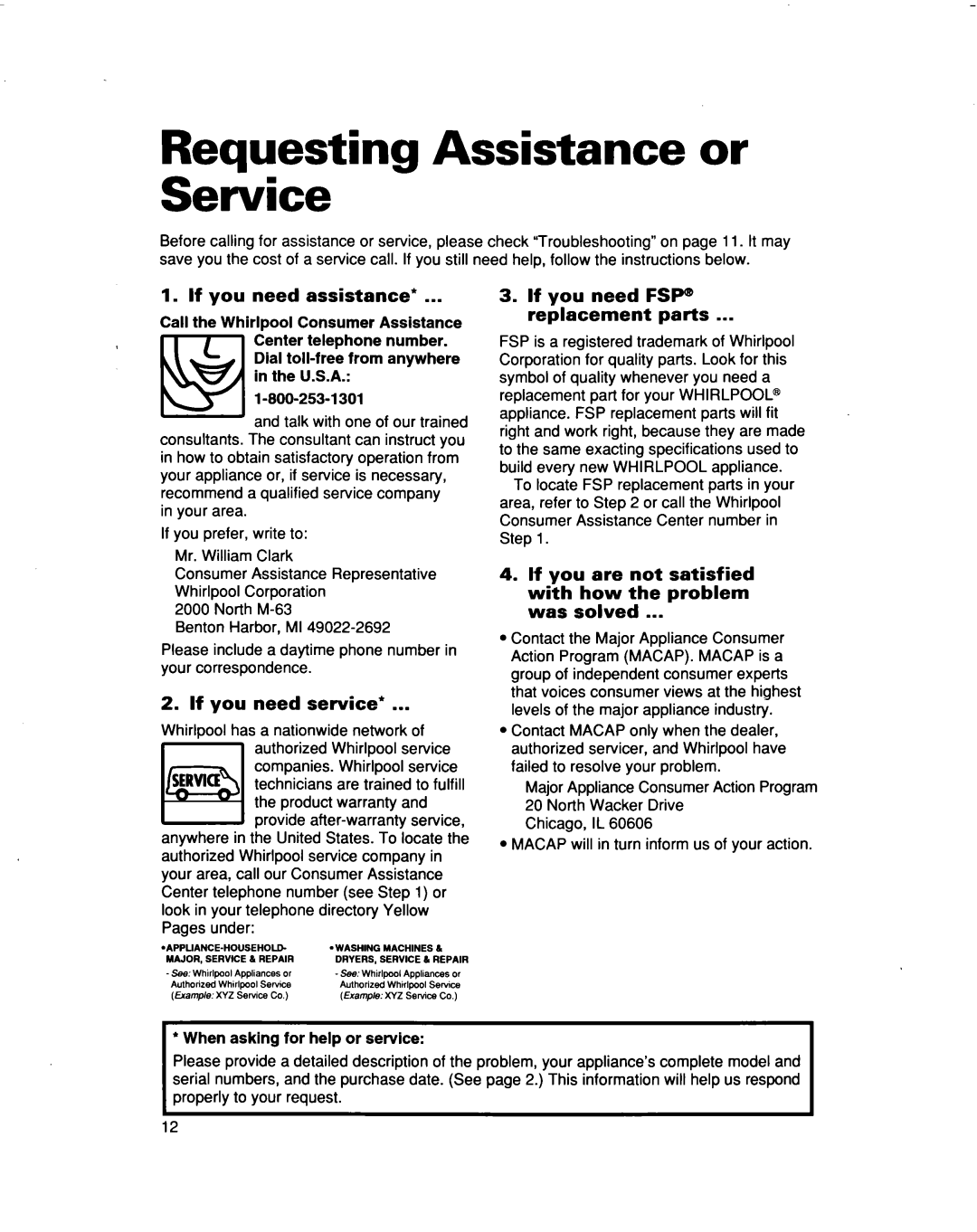 Whirlpool ACM122, ACM102 warranty Requesting Assistance or Service, If you need assistance, If you need service 