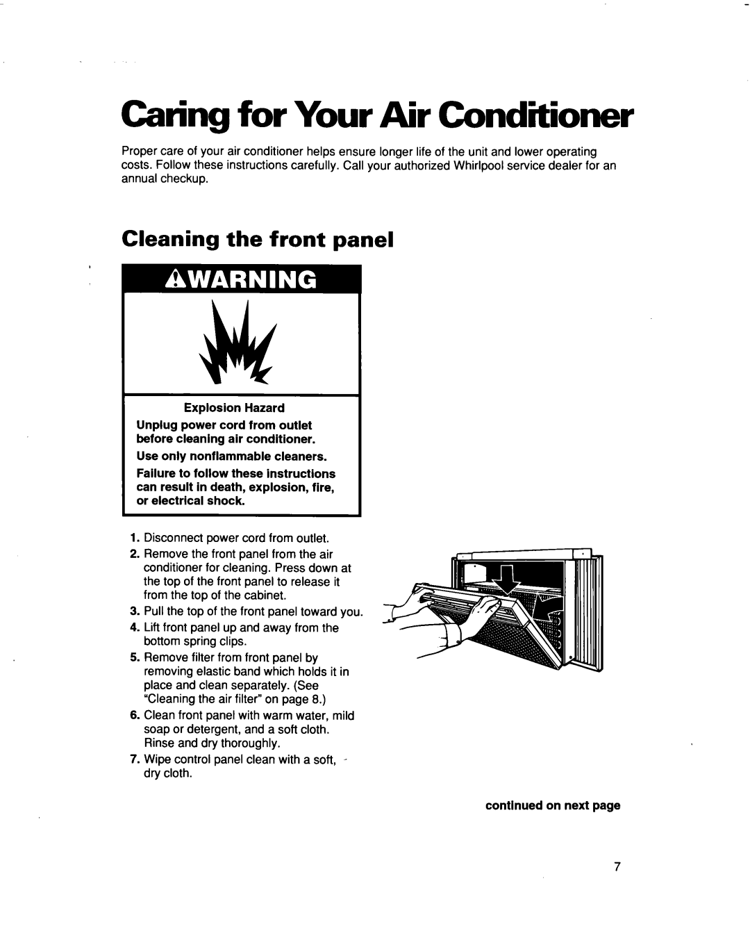 Whirlpool ACM102, ACM122 warranty Caring for Your Air Conditioner, Cleaning the front panel 
