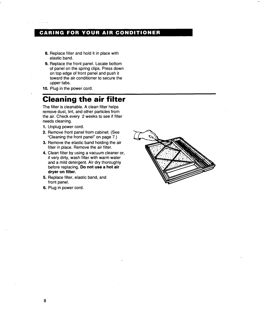 Whirlpool ACM122, ACM102 warranty Cleaning the air filter 