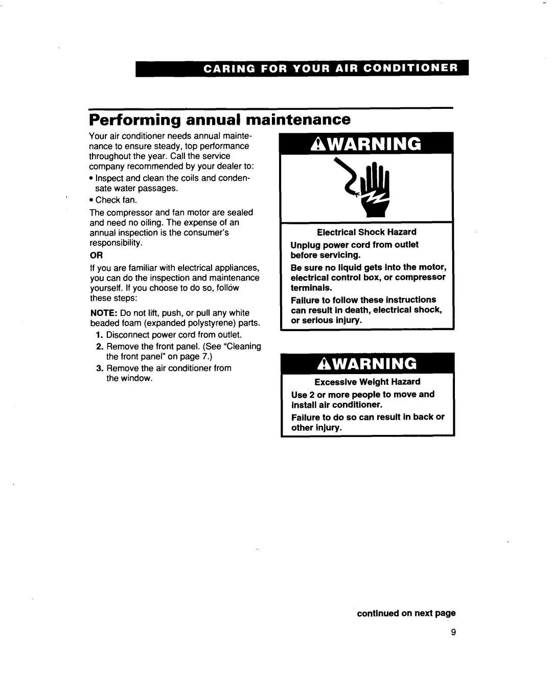 Whirlpool ACM102, ACM122 warranty Performing annual maintenance 