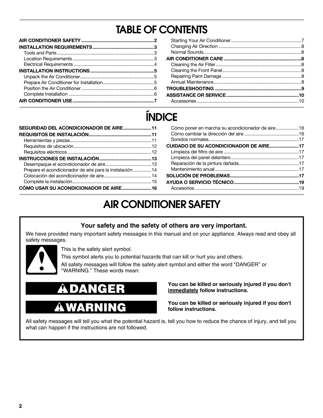 Whirlpool ACM122XR0 manual Table of Contents, Índice, AIR Conditioner Safety 