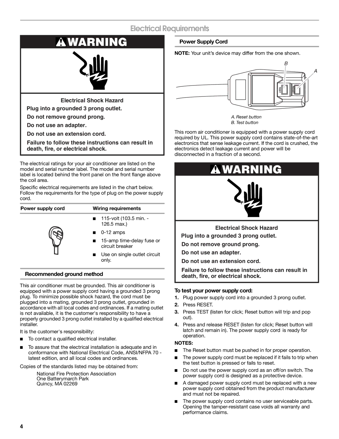 Whirlpool ACM122XR0 manual Electrical Requirements, Recommended ground method, Power Supply Cord 