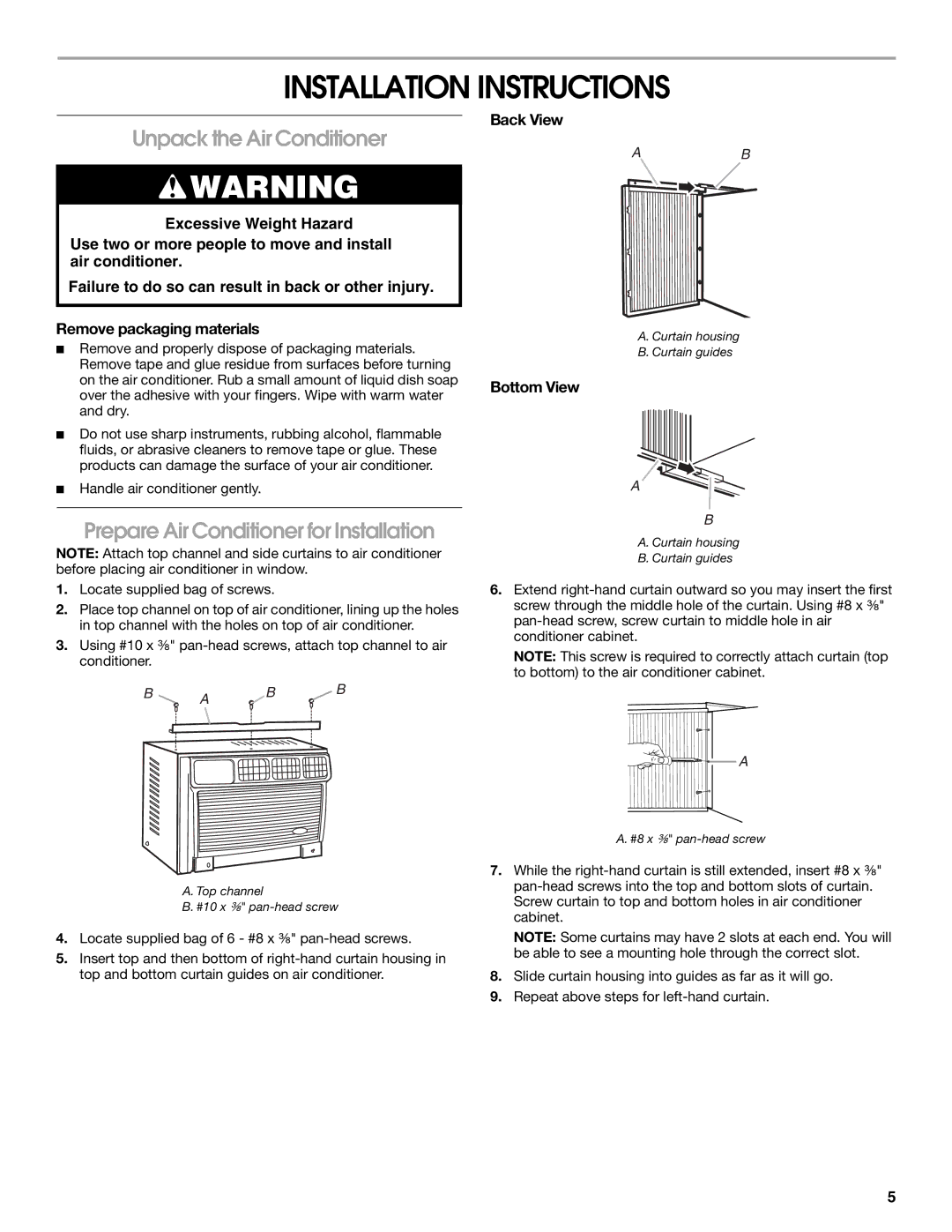 Whirlpool ACM122XR0 manual Installation Instructions, Unpack the Air Conditioner, Prepare Air Conditioner for Installation 