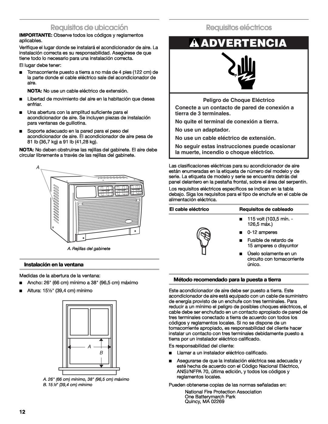 Whirlpool ACM122XR0 manual Advertencia, Requisitos de ubicación, Requisitos eléctricos, Instalación en la ventana 