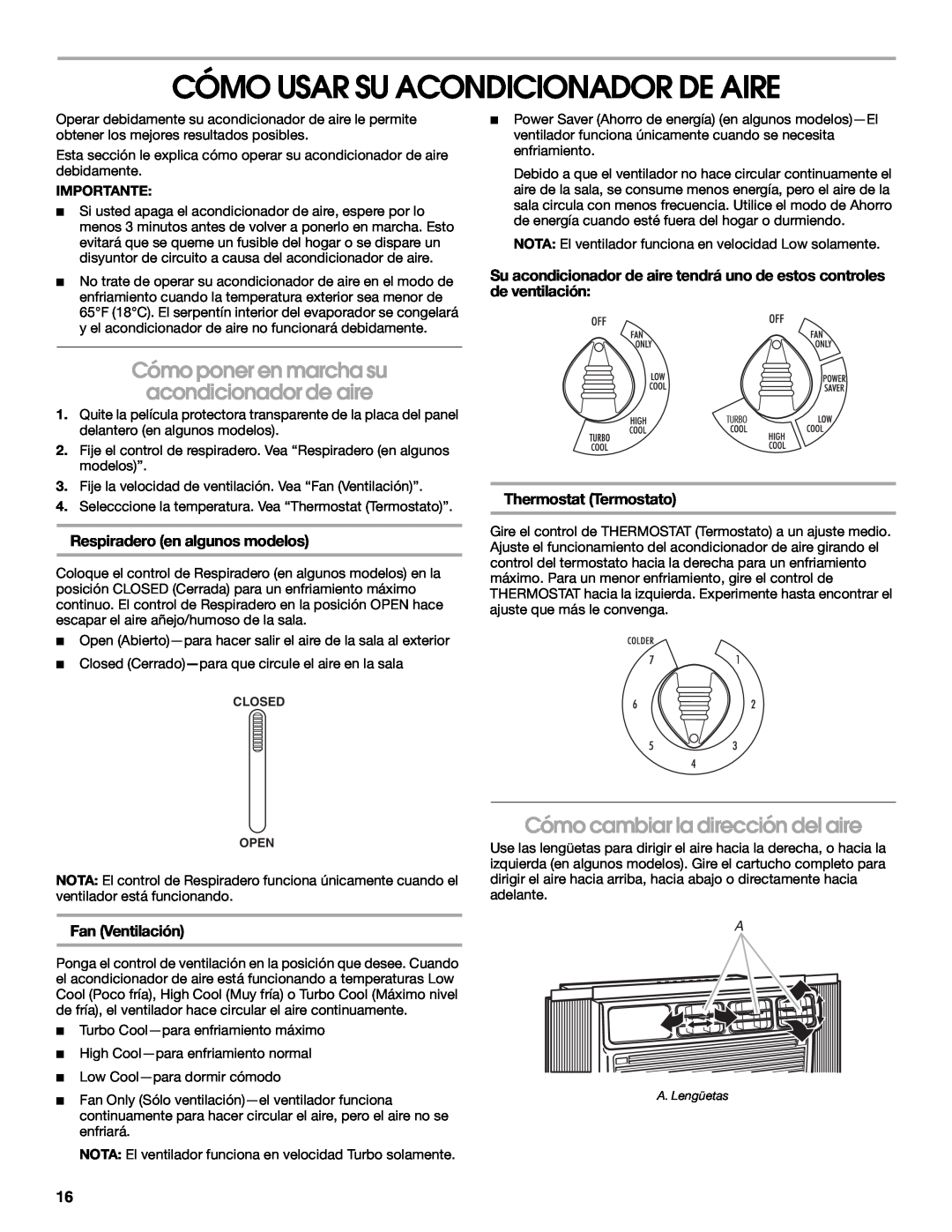 Whirlpool ACM122XR0 Cómo Usar Su Acondicionador De Aire, Cómo poner en marcha su acondicionador de aire, Fan Ventilación 