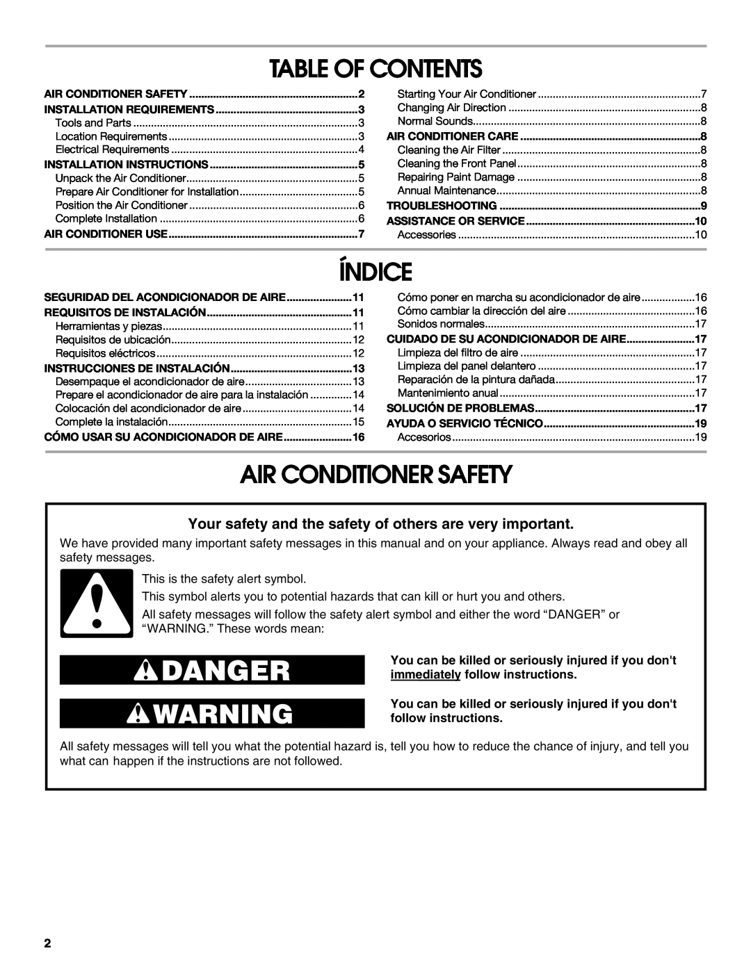 Whirlpool ACM122XR0 manual Table Of Contents, Índice, Air Conditioner Safety 
