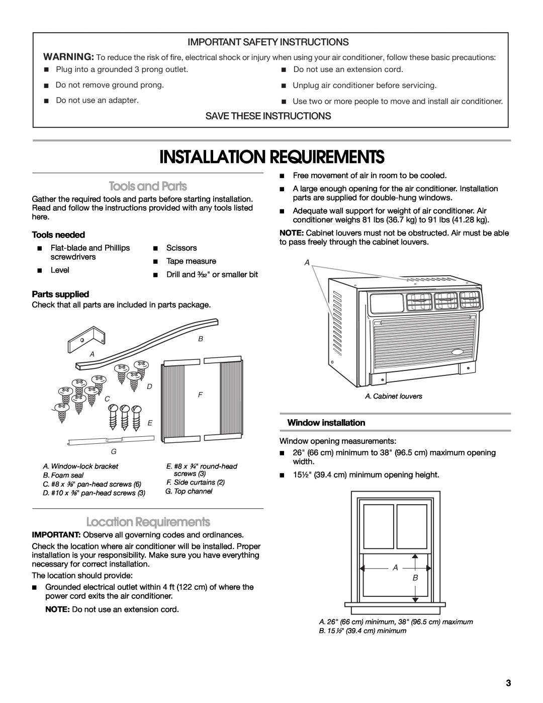 Whirlpool ACM122XR0 manual Installation Requirements, Tools and Parts, Location Requirements, Important Safety Instructions 