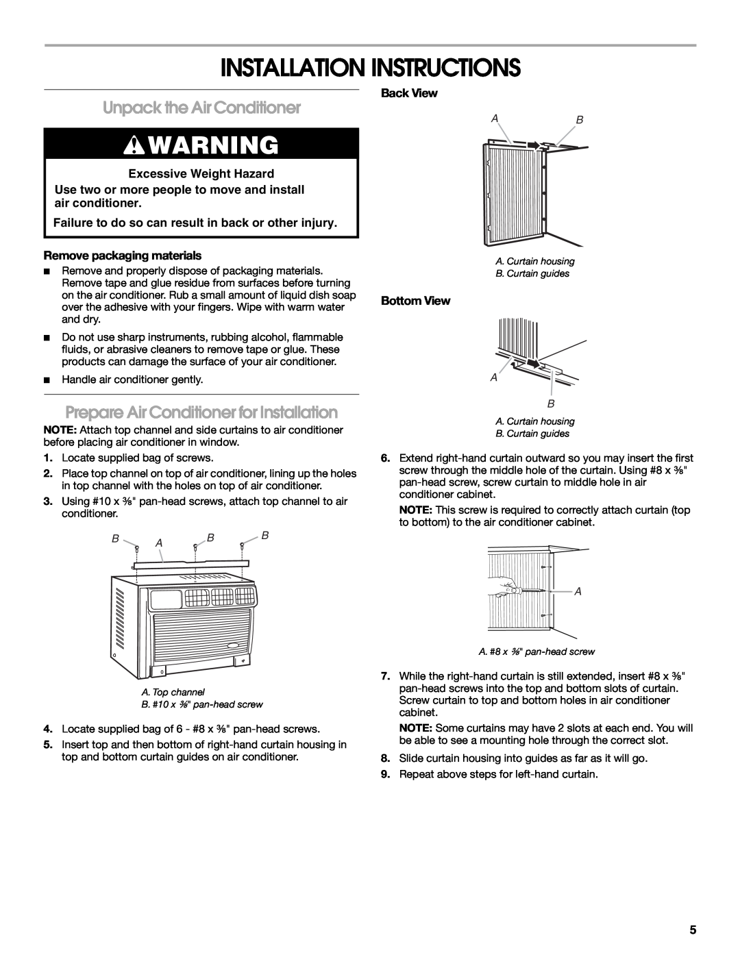 Whirlpool ACM122XR0 manual Installation Instructions, Unpack the Air Conditioner, Prepare Air Conditioner for Installation 