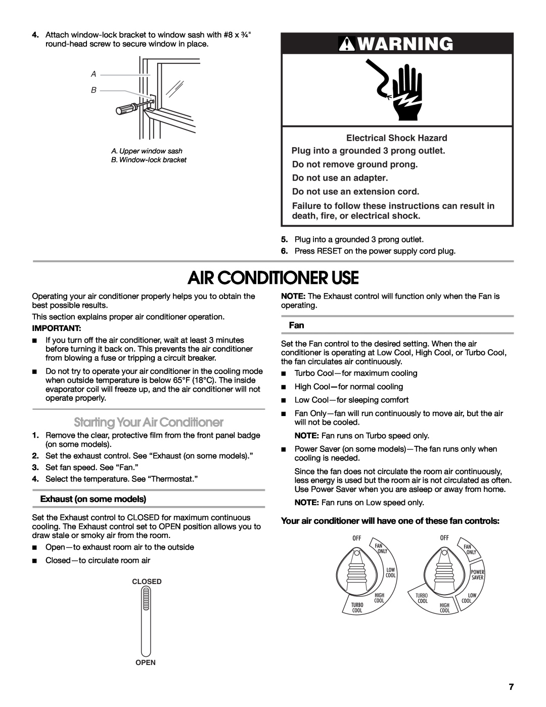 Whirlpool ACM122XR0 manual Air Conditioner Use, Starting Your Air Conditioner, Exhaust on some models 