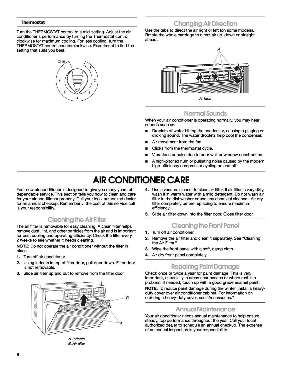 Whirlpool ACM122XR0 manual Air Conditioner Care, Changing Air Direction, Normal Sounds, Cleaning the Air Filter, Thermostat 